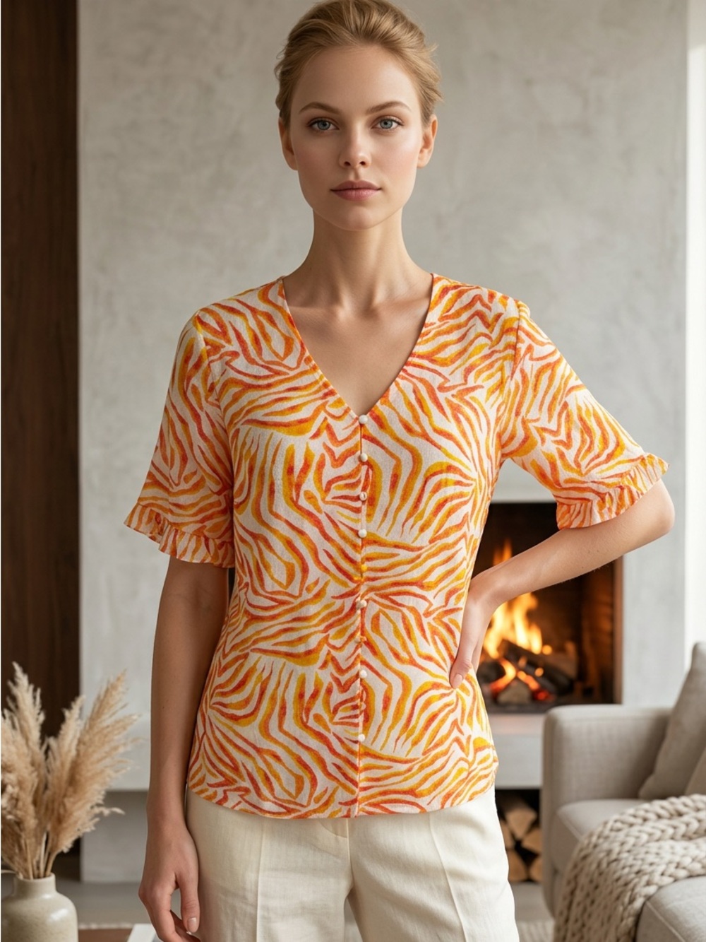 Nanette Lepore Womens Med Orange Yellow Zebra White Blouse Short Ruffle Sleeves
